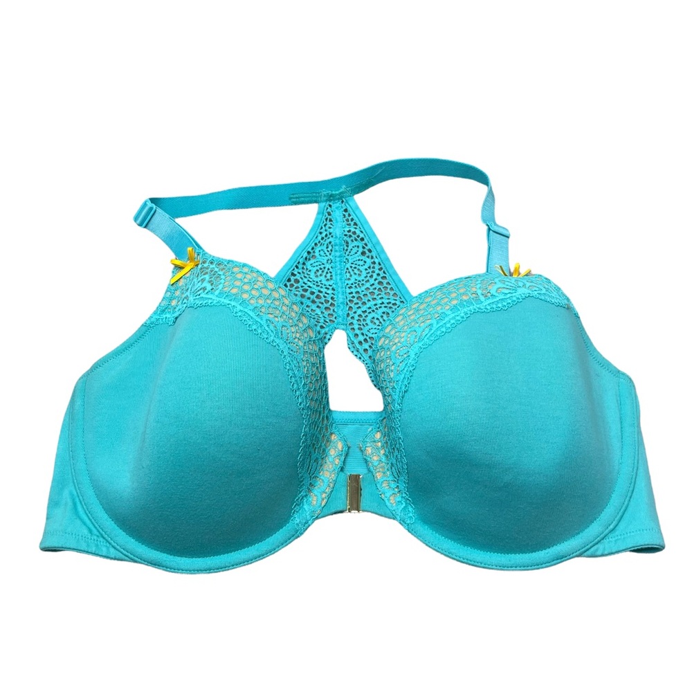 Cacique Racer Back Neon Blue Front Closure T- Shirt Bra 40DD Lightly Padded